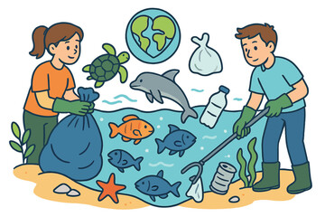 Volunteers cleaning beach and sea from plastic pollution. Marine life conservation concept. People collect trash to save fish, turtle, dolphin. Environmental care, ecology vector.