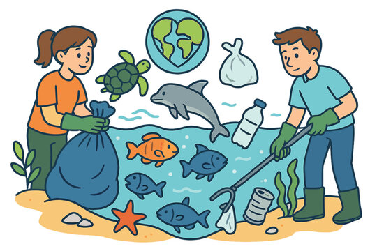 Volunteers cleaning beach and sea from plastic pollution. Marine life conservation concept. People collect trash to save fish, turtle, dolphin. Environmental care, ecology vector.