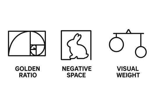 Design principles outline icon set. Golden ratio, negative space, and visual weight. Graphic design fundamentals for composition, harmony, balance, and proportion. Vector icons.