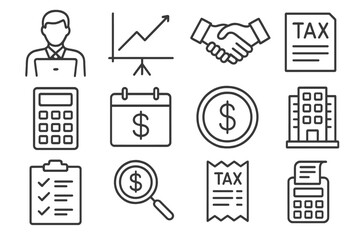 Business and tax consultation outline icons set. Linear finance tools for accounting, corporate management, and investment analysis. Vector symbols for office and money topics.