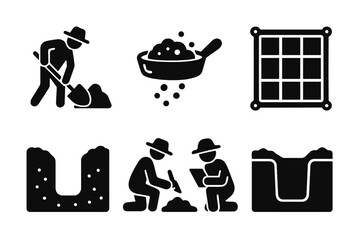 Archaeology excavation solid glyph icon set. Archaeologist team digging, sifting soil for artifacts. Site grid, trench, shovel, trowel and discovery vector pictograms.