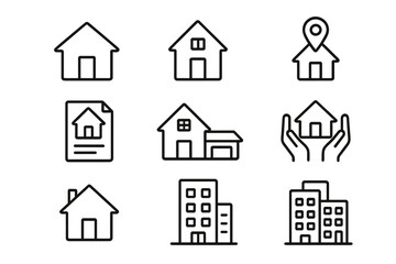 Real estate line icon set. Home, property, and building outline symbols. Vector collection for mortgage, insurance, contract, and location concepts. House and apartment icons.