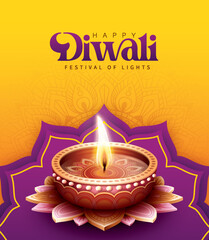 Happy Diwali festival with oil lamp, Rangoli decoration with Diya, Diwali holiday Background with rangoli, Diwali celebration greeting card,vector.