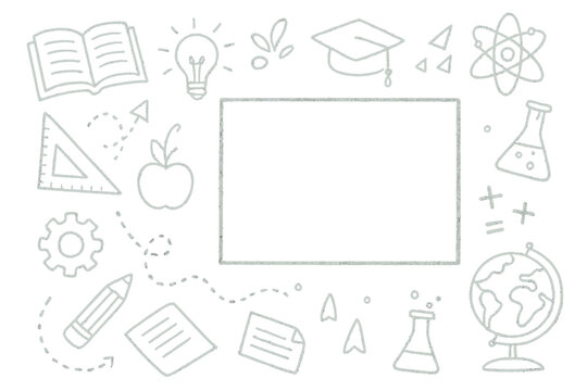Hand-drawn chalk doodle education frame. School science and learning icons border. Back to school concept with book, globe, atom for customizable text. Vector illustration.