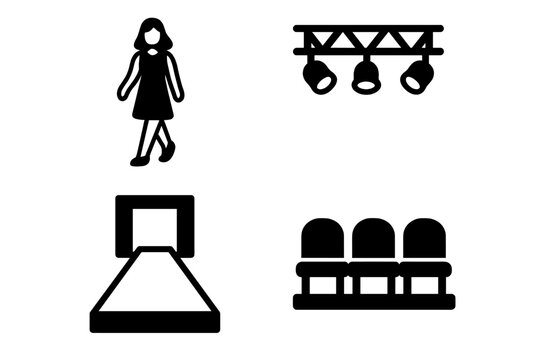 Fashion show solid icon set. Catwalk event elements. Model walking on runway, stage lighting rig, podium, and front row audience seats. Vector glyph pictograms collection.
