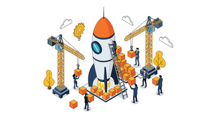 Dynamic team building innovative project launch with rocket construction and crane assistance