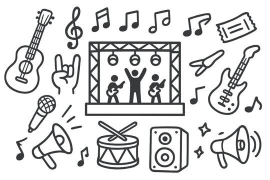 Concert music festival icon set. Hand drawn doodle collection. Rock band on stage, electric guitar, microphone, drum, speaker. Vector line art illustration for live show elements.