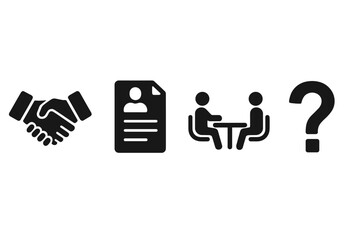 Business icons for hiring process. Recruitment concept with handshake for agreement, cv resume, job interview and question mark. Human resources vector silhouette symbol set.