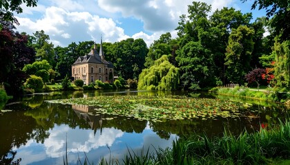 A serene estate, a stately house reflects peacefully on a tranquil pond surrounded by lush greenery.