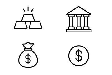 Finance banking money thin line icon set. Vector symbols for bank, gold bars, investment, wealth, currency, savings. Business and economic concept. Editable stroke vector icons.