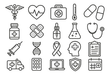 Healthcare and medicine line icon set. Medical, pharmacy, and hospital symbols. Vector collection of thin outline icons like first aid, emergency, caduceus, and dna.