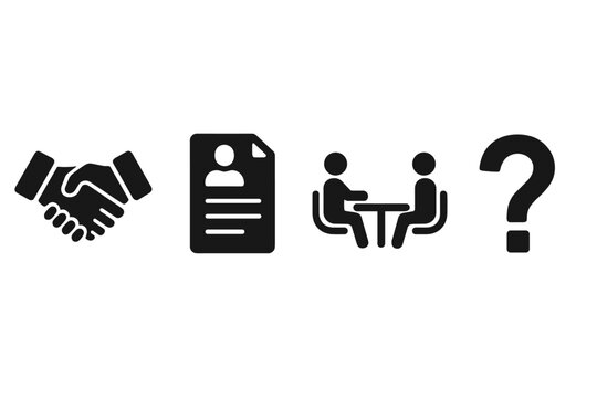 Business icons for hiring process. Recruitment concept with handshake for agreement, cv resume, job interview and question mark. Human resources vector silhouette symbol set.