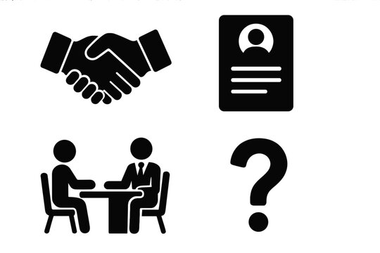 Business icons set for human resources, recruitment and hiring process. Vector silhouettes of handshake agreement, cv resume, job interview, and question mark for support concepts.
