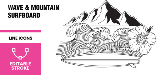 Wave and mountain surfboard line icon with editable stroke, featuring a surfboard, waves, hibiscus flower, and mountain range, for a clean design