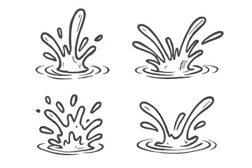Hand drawn water splash doodle set. Vector cartoon ink sketch illustration of liquid drops, ripples, and aqua splashes. Isolated monochrome icon collection on transparent background.