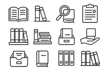 Library icons set for book management and document organization. Archive, bookshelf, and file storage linear symbols. Education and research vector outline pictograms collection.