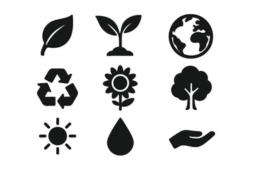 Obraz premium Environment and nature solid icon set. Ecology, conservation, and sustainability glyphs. Vector graphic collection of eco symbols: leaf, plant, earth, recycle, and care.