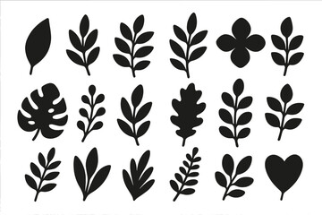 Set of black leaf silhouettes. Botanical foliage and floral icon collection. Vector graphic elements of plants, branches, and flowers for nature-inspired design projects.