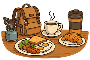 Camping breakfast with coffee, eggs, and croissant. Outdoor adventure food for hiking and travel. Vector illustration of a morning meal with a backpack and camp stove concept.