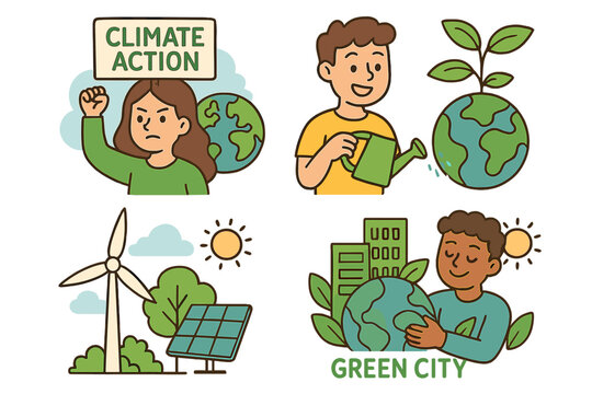 Set of climate action and sustainability concepts. Green city, renewable energy, protest and conservation. Vector cartoon illustration for Earth Day or environmental project.