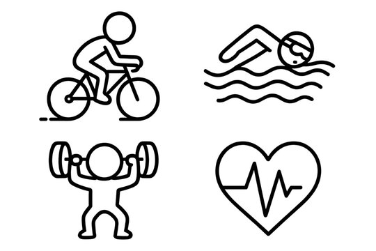 Fitness line art icon set. Vector cartoon collection of stick figures cycling, swimming, weightlifting. Heart health symbol with cardiogram. Healthy lifestyle workout.