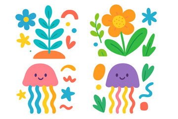 Cute cartoon sticker set with jellyfish and flowers. Kawaii sea animal and plant illustration collection. Childish doodle for kids. Playful nature and underwater vector elements.