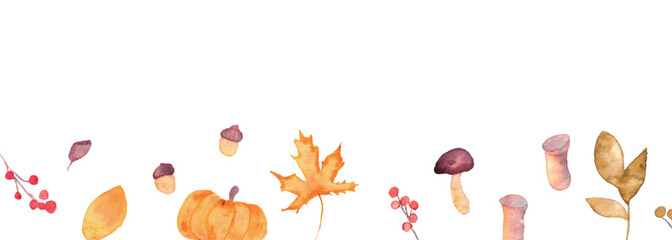 水彩画。水彩タッチのベクター秋イラスト。秋の枯葉やきのこのイラスト。秋の紅葉や葉っぱのフレーム。Watercolor. Watercolor-style vector autumn illustrations. Illustrations of autumn leaves and mushrooms. Frames featuring autumn foliage and leaves. © necomammma