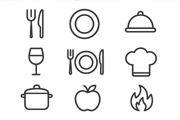 Food and cooking icon set. Minimalist outline vector symbols for restaurant, kitchen, and dining. Includes cutlery, plate, chef hat, cloche, pot, and wine glass.