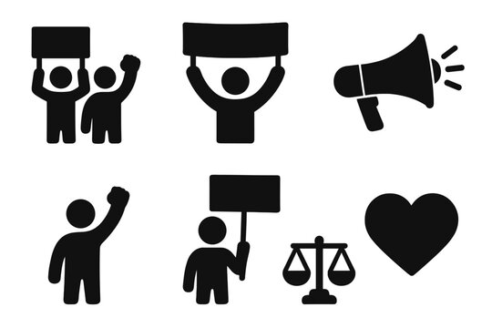 Protest and activism silhouette icon set. Vector symbols for demonstration, social justice, human rights, and equality. Includes protester, banner, megaphone, and justice scales.