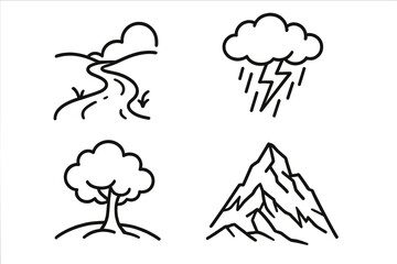 Romantic era landscape icons. Outline vector set of sublime nature symbols. Winding path, storm cloud, lonely tree, rugged mountain. Minimalist cartoon illustration.