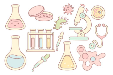 Kawaii science lab and microbiology icon set. Cute cartoon vector illustrations of microscope, flask, test tubes, bacteria, virus, amoeba, petri dish and stethoscope.