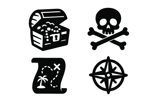 Pirate adventure icon set with treasure chest, skull and crossbones, map, and compass. Black silhouette vector graphics for sea exploration, treasure hunting, and fantasy themes.