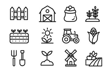 Agriculture farming line icon set. Farm and harvest symbols. Contains barn, tractor, crop, corn, windmill, fence, tools. Vector linear pictogram collection with editable stroke.