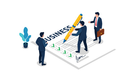 Team collaborates on business strategy checklist, marking progress with a giant pen and checks.