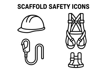Scaffold safety icons. Personal protective equipment for construction. Fall protection gear. Outline icon set with hard hat, safety harness, lanyard. Vector line art.