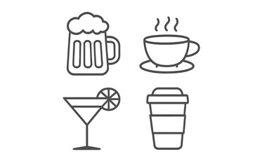Beverage line icon set. Drink icons with editable stroke. Pack includes beer, coffee, cocktail, tea. Vector linear symbols for web design, apps, cards, bar and cafe menu.