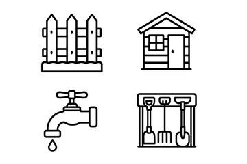 Community garden outline icon set. Vector illustration of gardening elements like a shed, fence, water spigot, and tool rack. Concept for urban farming and allotment.