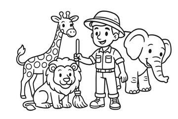Cartoon zookeeper with African animals for a coloring page. Vector line art illustration of a ranger with a lion, giraffe, and elephant. Cute wildlife characters set for kids.