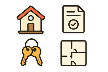 Real estate icon set with house, contract, keys, and floor plan symbols, vector cartoon illustration, transparent background, ordered set for property and home concepts