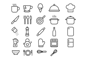 Big set of food, cooking & kitchen line icons. Restaurant, cafe & culinary pictograms. Chef hat, pot, pan, cutlery, coffee, tea, blender vector symbols. Editable stroke.