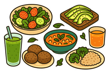 Set of healthy plant-based food for a balanced diet. Vegan meal collection with salad, soup, falafel, avocado toast, and green smoothie. Vector cartoon food illustration.
