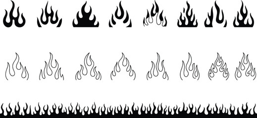 Stylized fire flame icons, black and white burning flames, vector fire symbols, tribal flame designs, decorative fire patterns, heat energy graphics