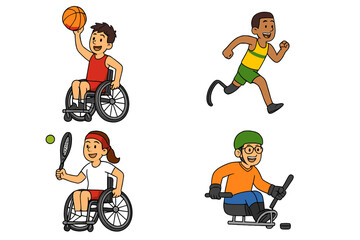 Adaptive sports vector set. Disabled children athletes. Paralympic sports: wheelchair basketball, tennis, runner with prosthetic leg, sledge hockey. Inclusion and diversity concept.