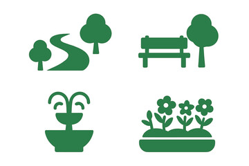 Urban park icon set. City garden and public space elements. Green silhouette glyph icons of a path, bench, tree, fountain, and flowerbed. Vector illustration for nature.