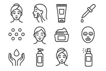 Skincare and cosmetics outline icon set. Beauty treatment, facial care, dermatology and cosmetology. Face cream, serum, lotion, acne, mask. Vector linear pictogram collection.