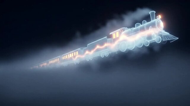 Mystical ghostly train animation glowing brightly through fog against a dark night sky scene