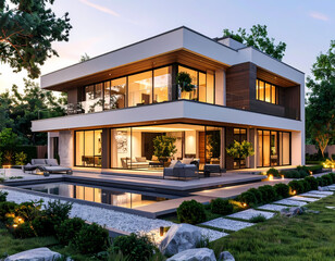 Fototapeta premium Modern house architecture design with swimming pool and outdoor living