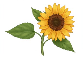 Obraz premium Vibrant digital illustration capturing the cheerful essence of a single sunflower, displaying bright yellow petals and a detailed brown center, isolated on a pristine white background
