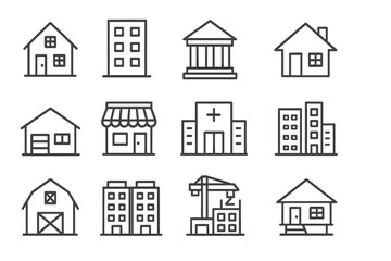 Various Houses and Constructions Line Icon Bundle, Modern Linear Collection for Design, Websites, Apps, Cards, Includes Apartment Buildings, Banks, Stores, Hospitals, Barns, Construction Cranes