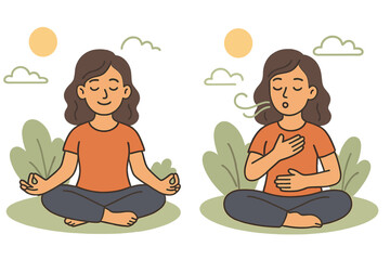 Woman practicing mindfulness meditation and deep breathing exercises for mental well-being. Concept of relaxation, calm, stress relief. Yoga lotus pose, pranayama breathing technique.
